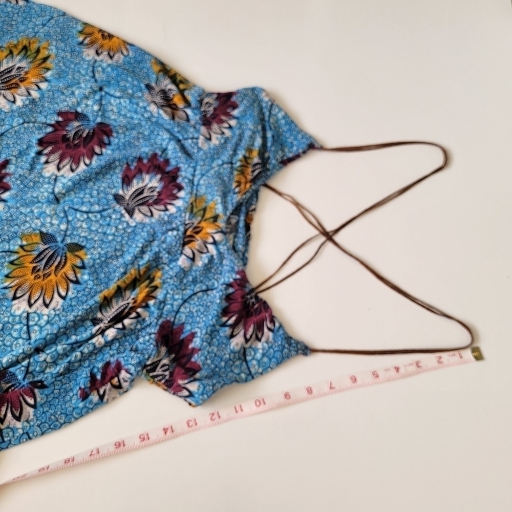 Rare Free People Lotus Print Blue Dress Large Floral Beach Boho Strappy Light - Picture 12 of 14